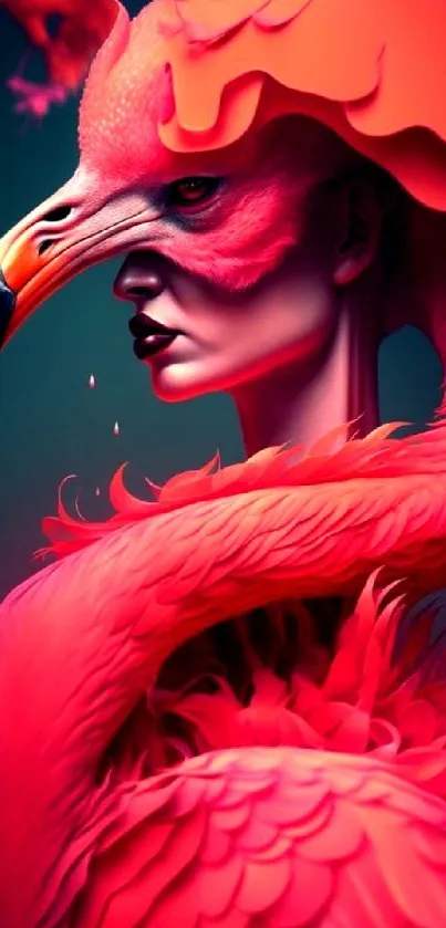 Surreal flamingo digital art with vivid pink and orange hues.