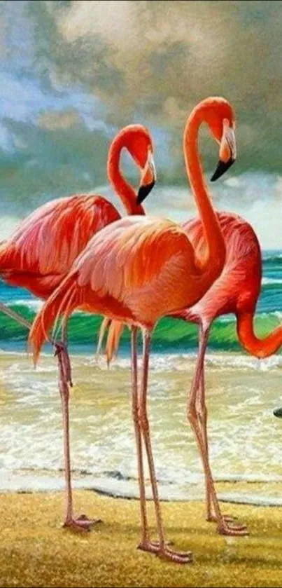 Three flamingos standing on a scenic beach, vibrant and colorful.