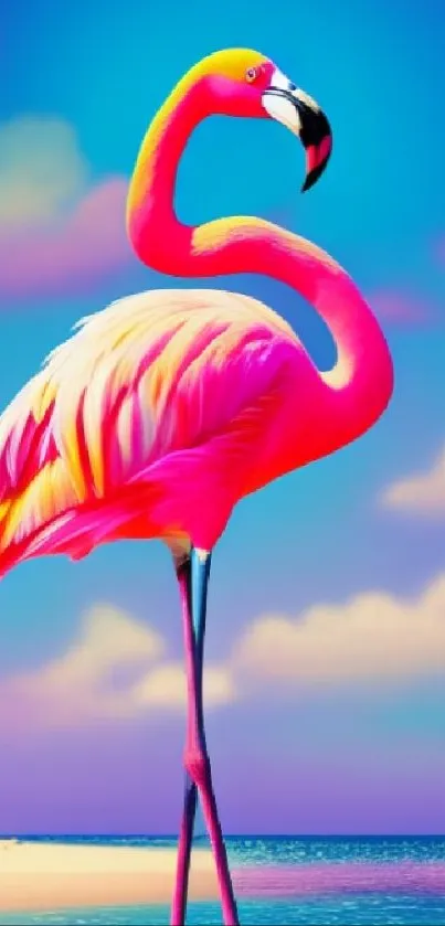 Pink flamingo on a beach with blue sky.