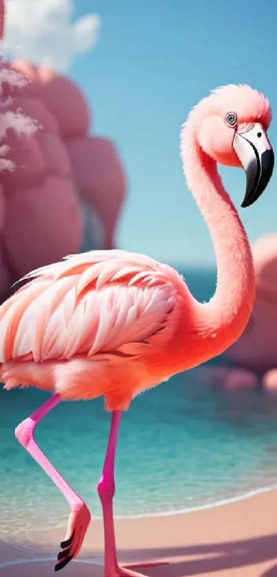 Pink flamingo on a beach with vivid blue waters and pastel pink rocks.