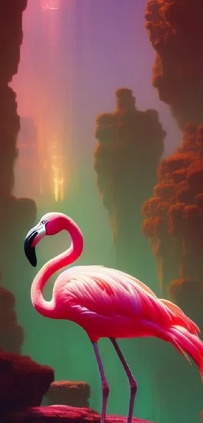 Vibrant flamingo in a colorful canyon scene wallpaper.