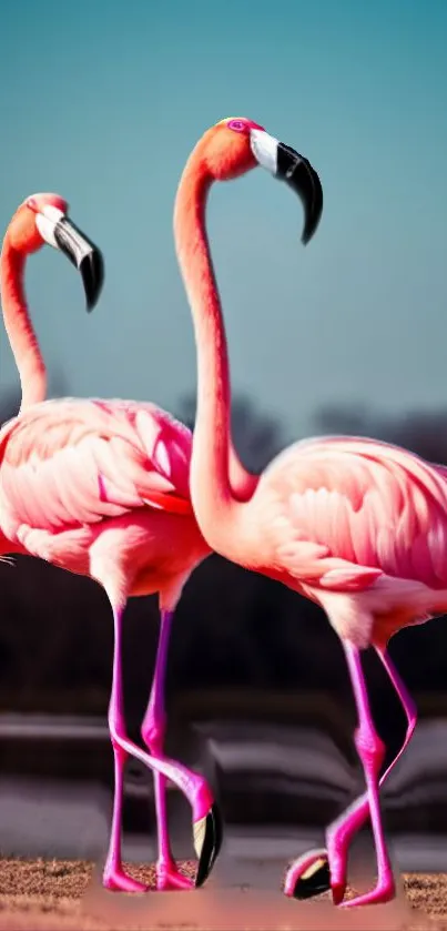 Flamingo duo standing gracefully with vibrant pink hues.