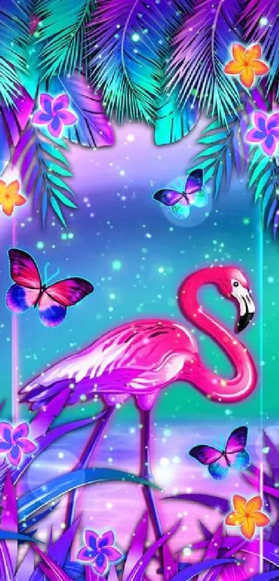 Vibrant pink flamingo with butterflies and tropical leaves in fantasy art wallpaper.