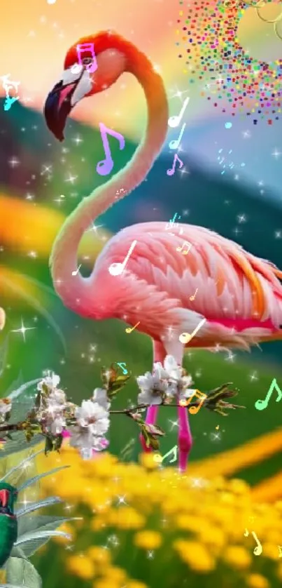 Vibrant flamingo with flowers and colorful background.