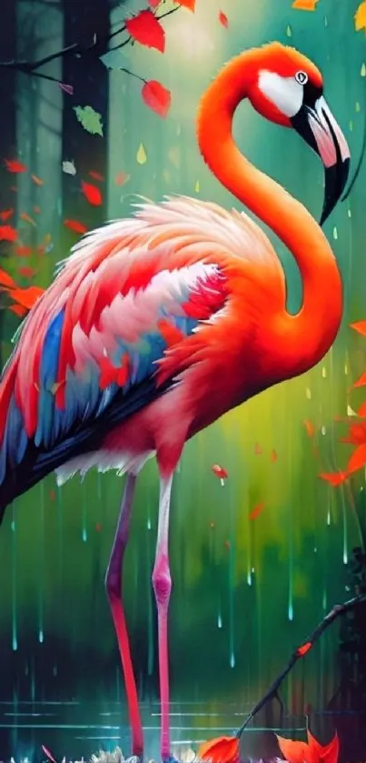 Vibrant flamingo standing in a colorful, lush forest wallpaper.