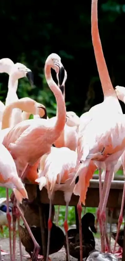 Group of elegant pink flamingos in a natural setting.