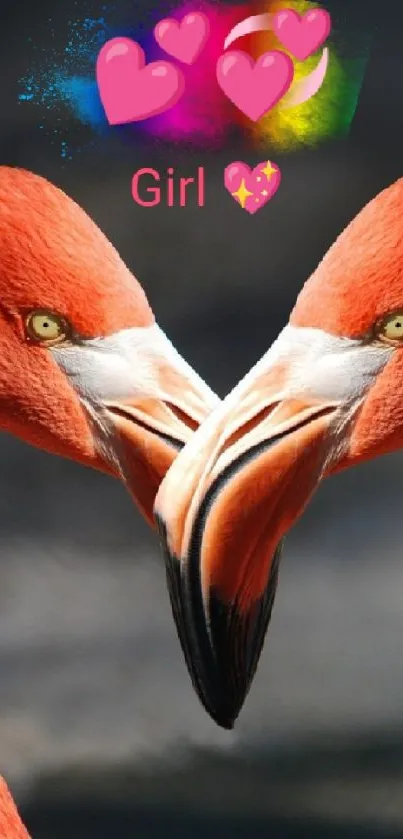 Two pink flamingos forming a heart on a vibrant wallpaper.