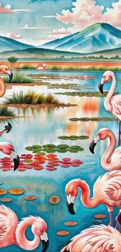 Artwork of flamingos at a scenic lake with mountains in the background.