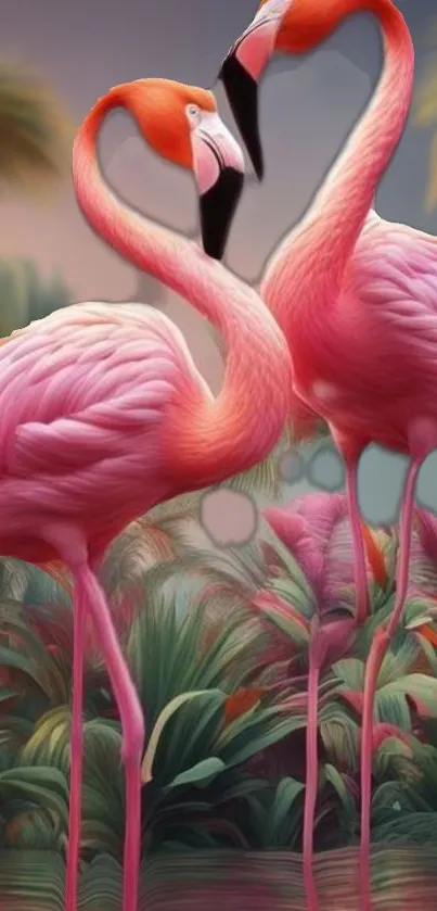 Vibrant pink flamingos in a tropical setting, ideal for mobile wallpaper.