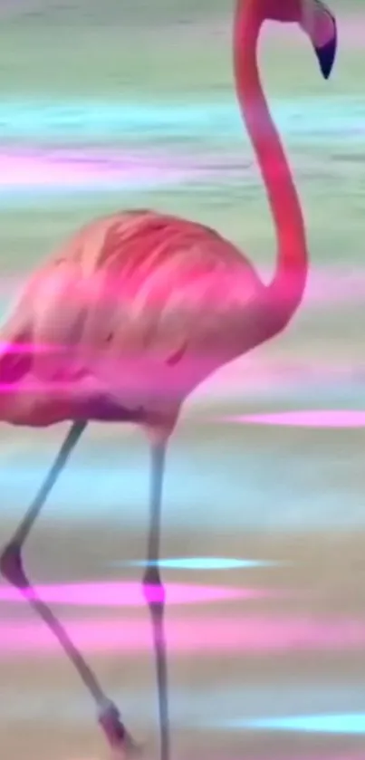 Vibrant pink flamingo standing on the beach with neon accents.