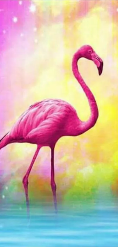 Pink flamingo on a vibrant pastel background with water reflections.