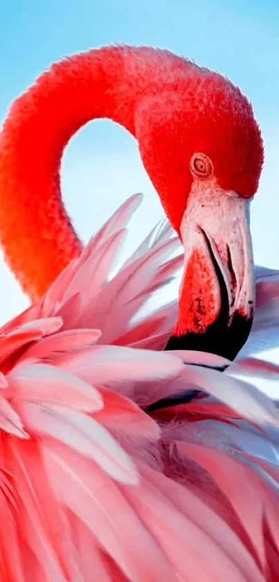 Vibrant flamingo with striking pink and red feathers against a blue sky.