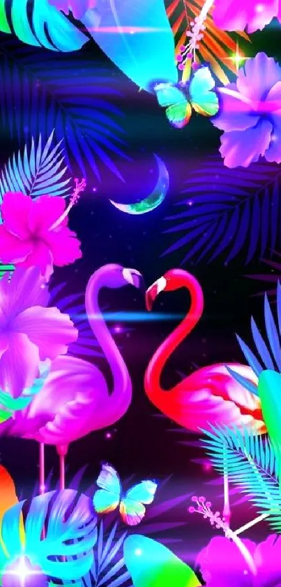 Vibrant flamingos and tropical flowers in neon colors on a vivid phone wallpaper.