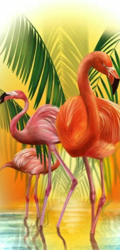 Flamingos wading in tropical paradise with vibrant colors.