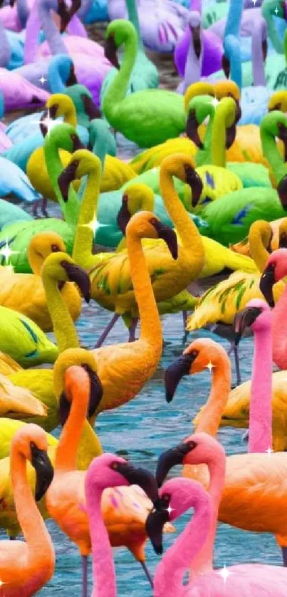 Colorful flamingos in a vibrant, tropical flock wallpaper.