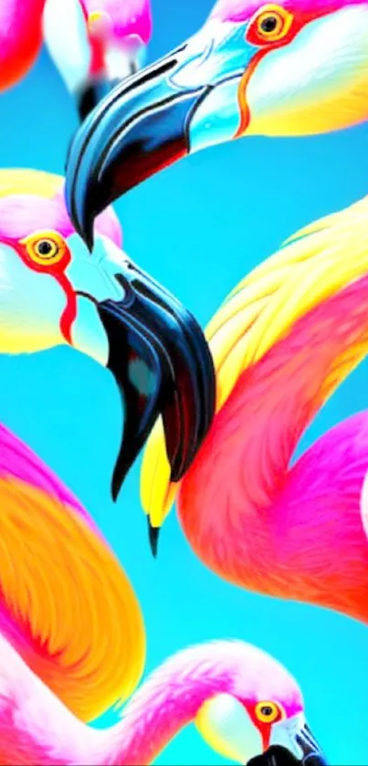 Vibrant pink flamingo wallpaper on blue background.