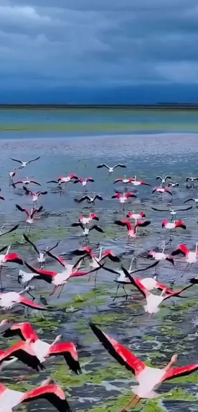 Flamingos in flight over a serene lake under a dramatic sky.