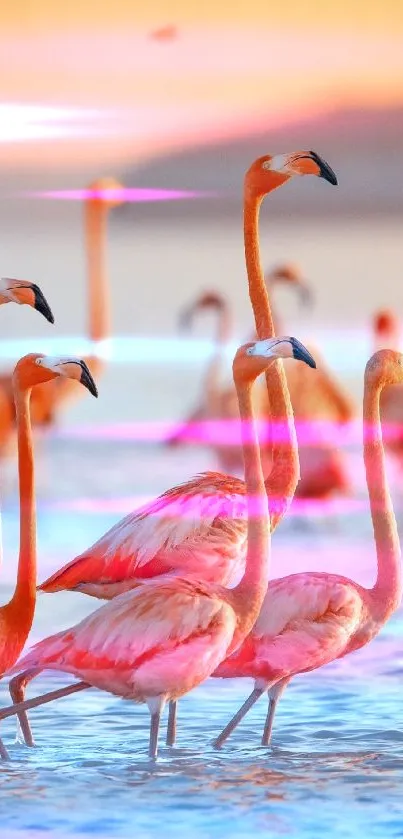 Flamingos wading in water during sunset with vibrant colors.