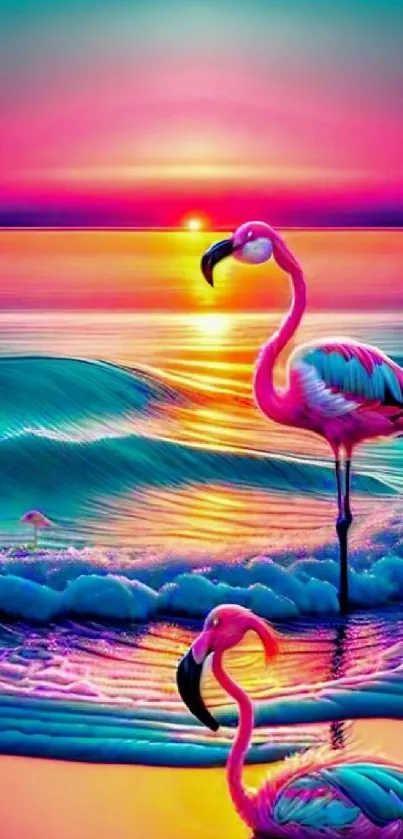 Vibrant flamingos at sunset over ocean waves, colorful wallpaper.