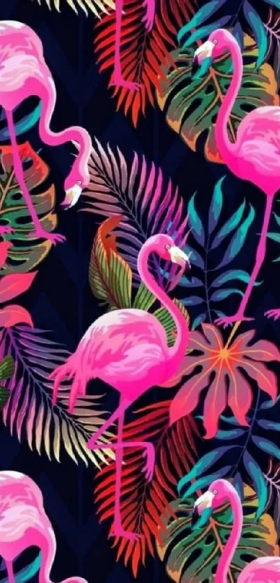 Vibrant wallpaper with pink flamingos and colorful tropical leaves.