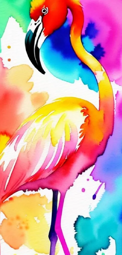 Vibrant watercolor flamingo wallpaper with colorful splashes.