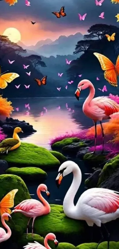 Vibrant flamingos and butterflies at sunset with lush green landscape.