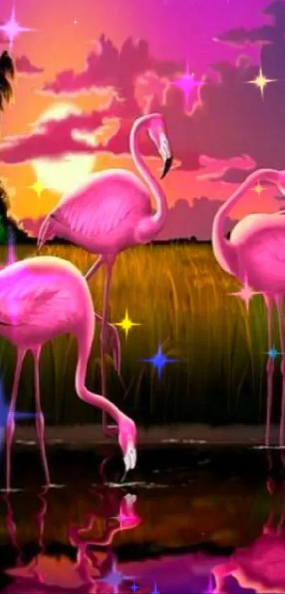 Pink flamingos and sunset reflection with vibrant colors on mobile wallpaper.