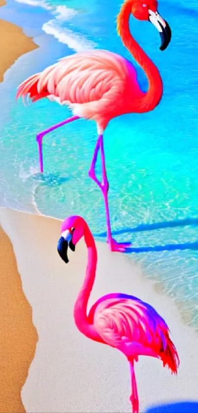 Two pink flamingos strolling along a tropical beach with turquoise ocean waves.