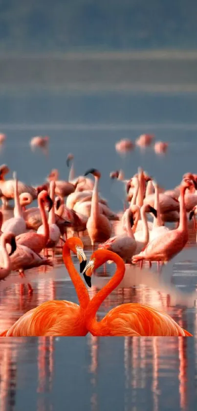 A flock of vibrant flamingos on a serene water reflection.