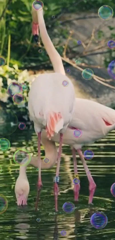 Flamingos standing in a pond surrounded by floating soap bubbles.