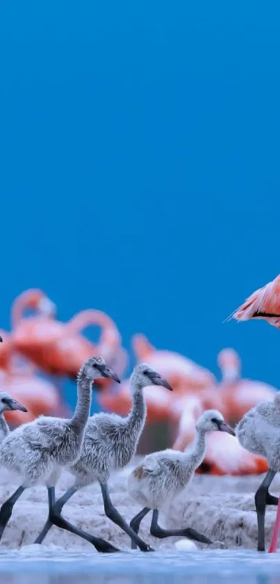 Vibrant pink flamingos with blue sky backdrop in stunning wallpaper.