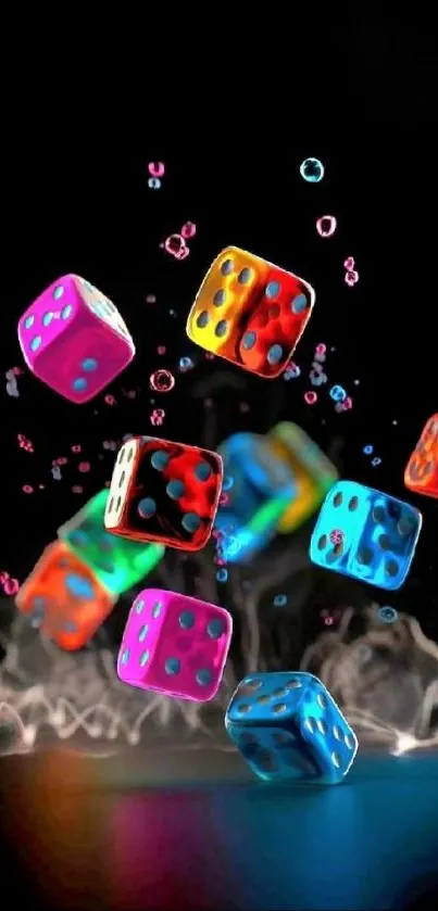 Colorful floating dice on dark background wallpaper.