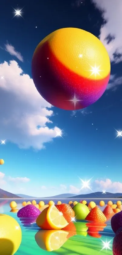 Floating vibrant fruits in a vivid sky and water scene.