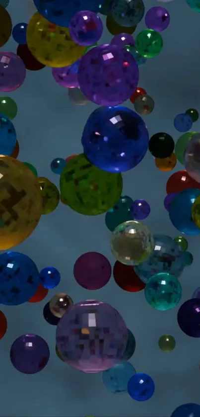 Colorful floating spheres on blue background wallpaper.