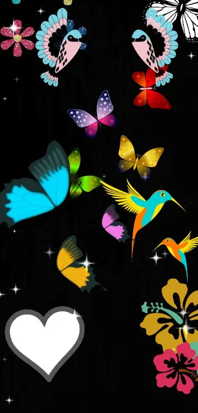 Colorful birds, butterflies, and flowers on a black mobile wallpaper.