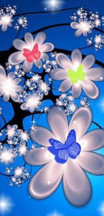 Floral and butterfly wallpaper with glowing flowers on a blue background.