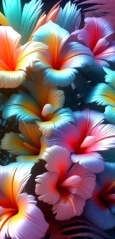 Vibrant tropical floral wallpaper with colorful flowers.
