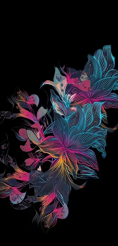 Vibrant floral abstract mobile wallpaper with neon colors on a black background.