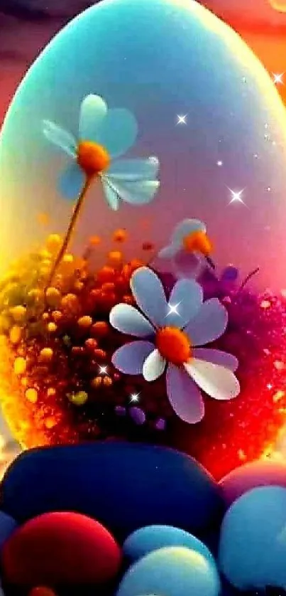 Vibrant abstract art with daisies in a bubble at sunset.