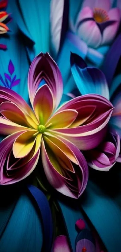 Vibrant blue and purple floral abstract art for mobile wallpaper.