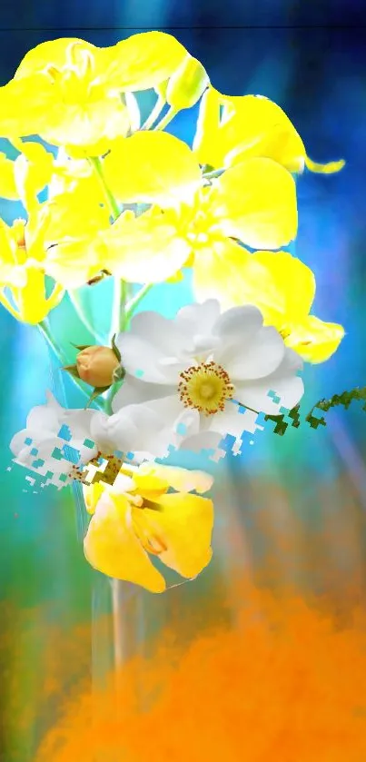 Vibrant yellow and white floral abstract art wallpaper.