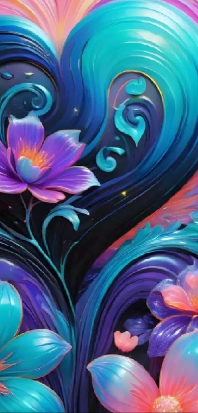 Vibrant floral abstract wallpaper with turquoise and purple hues.