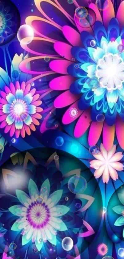 Vibrant abstract wallpaper with colorful geometric flowers and bubbles.