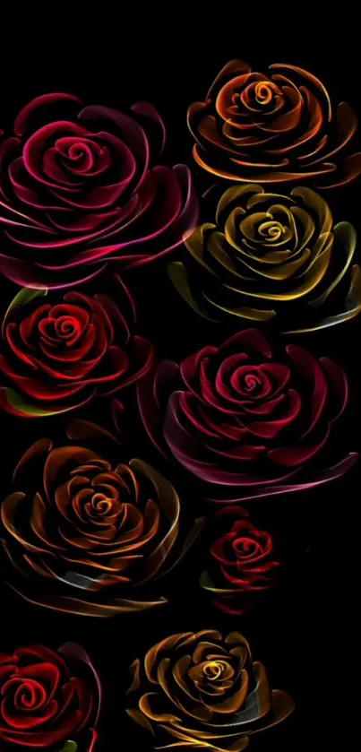 Vibrant abstract roses on black wallpaper