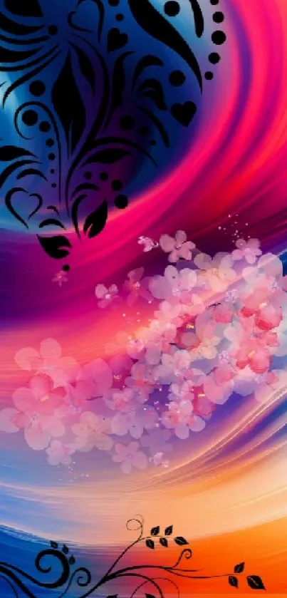 Vibrant abstract floral wallpaper with colorful swirls.