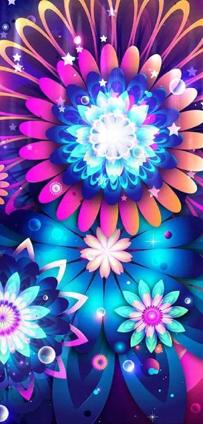 Vibrant abstract floral wallpaper with glowing blues and pinks on a dark background.