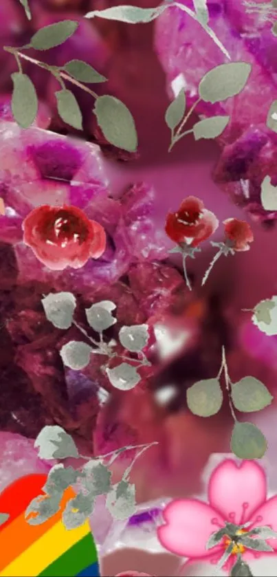 Vibrant floral abstract wallpaper with purple hues and leaf patterns.