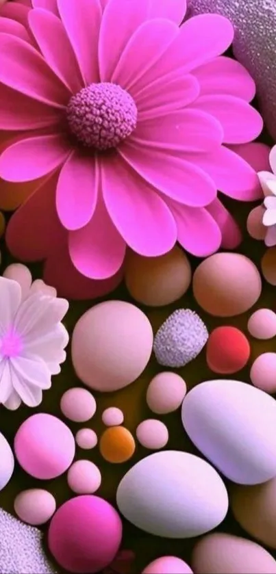Vibrant abstract art with pink flowers and pastel orbs.