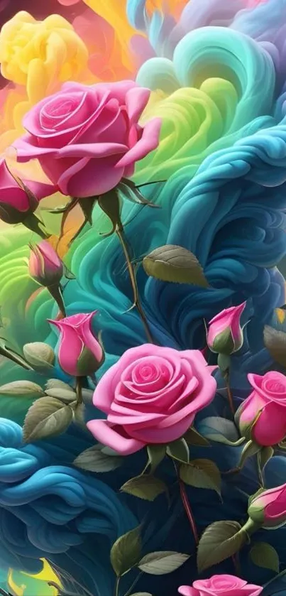 Vibrant pink roses with colorful abstract background.