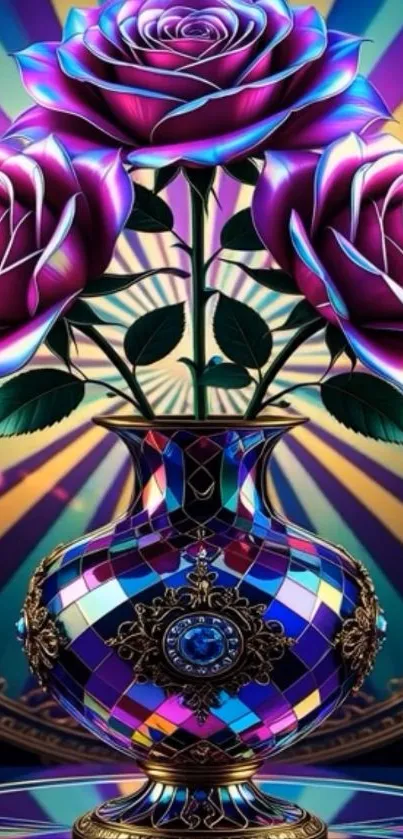 Vibrant abstract wallpaper with colorful roses and intricate vase design.